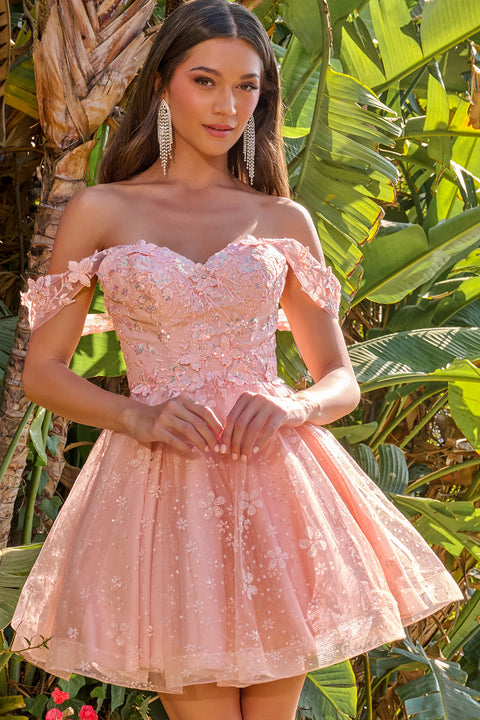 Elizabeth K GS3685 Glitter Short Off Shoulder Homecoming Dress