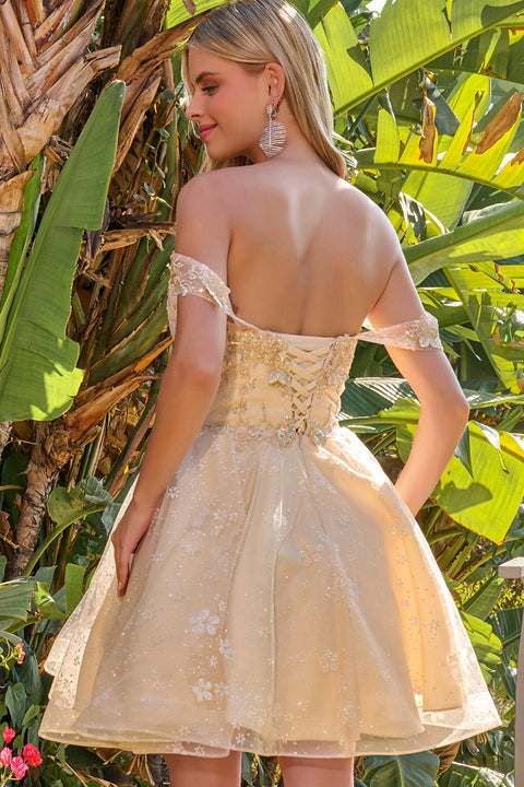 Elizabeth K GS3685 Glitter Short Off Shoulder Homecoming Dress