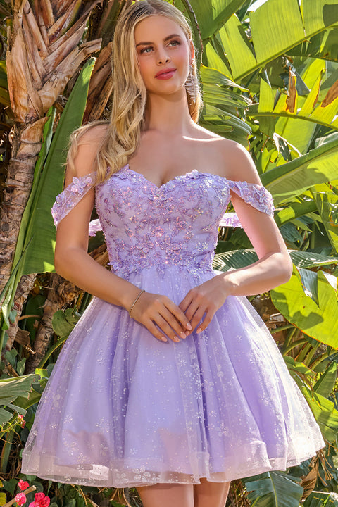 Elizabeth K GS3685 Glitter Short Off Shoulder Homecoming Dress