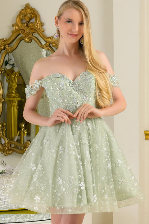 Elizabeth K GS3685 Glitter Short Off Shoulder Homecoming Dress