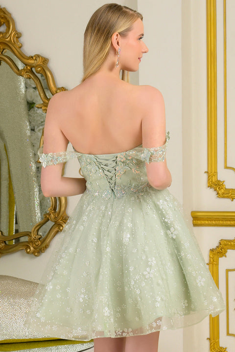 Elizabeth K GS3685 Glitter Short Off Shoulder Homecoming Dress