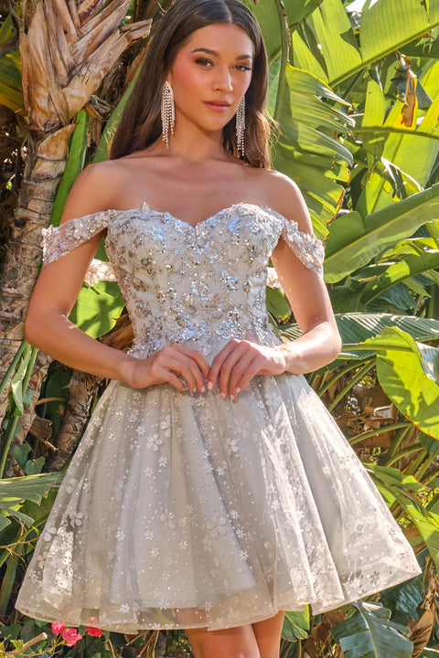 Elizabeth K GS3685 Glitter Short Off Shoulder Homecoming Dress