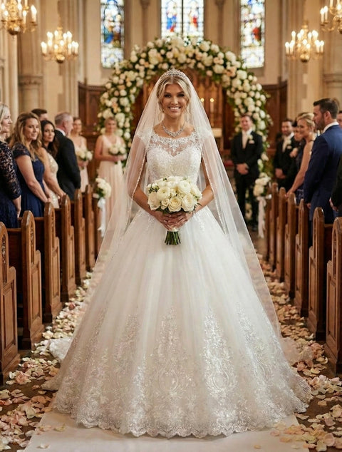 DeKlaire 456 A-Line Wedding Dress with Scoop Neck, Cap Sleeves & Chapel Train