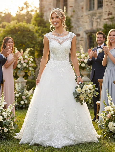 DeKlaire 456 A-Line Wedding Dress with Scoop Neck, Cap Sleeves & Chapel Train