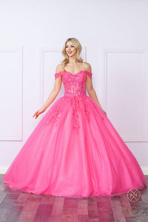 Nox Anabel Off-Shoulder Corset Ball Gown with Appliqué H1349