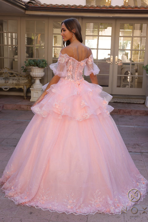 Nox Anabel Off-Shoulder Ball Gown with 3D Floral Details and Shorts H1360.