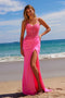 Nox Anabel H1670 Sparkling Appliqué Satin V-Neck Gown with Slit