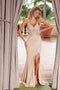 Nox Anabel H1683 Radiant Appliqué Satin V-Neck Gown with Slit