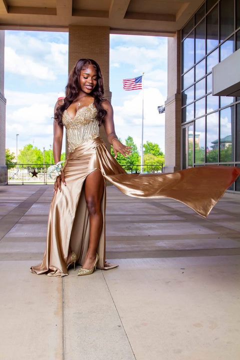 Ladivine CDS556 beaded satin sleeveless slit gown — product view