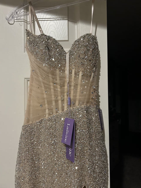 Ladivine CD404 beaded fitted strapless slit gown — product view