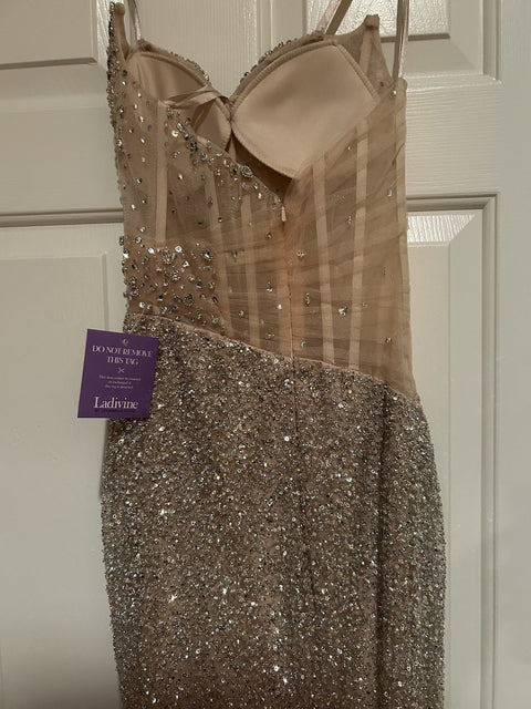 Ladivine CD404 beaded fitted strapless slit gown — product view