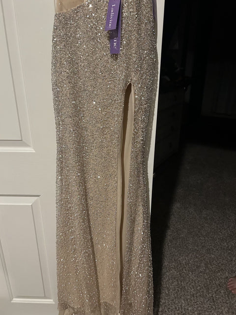 Ladivine CD404 beaded fitted strapless slit gown — product view