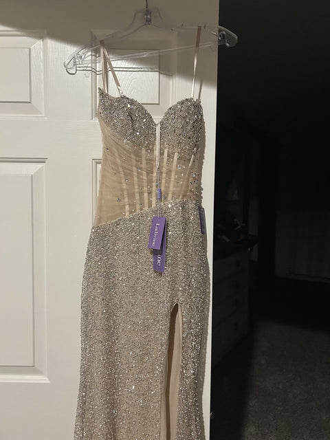 Ladivine CD404 beaded fitted strapless slit gown — product view