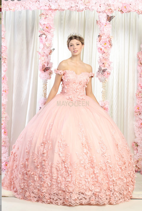 May Queen LK158 Off-Shoulder Ballgown with 3D Floral Appliqués