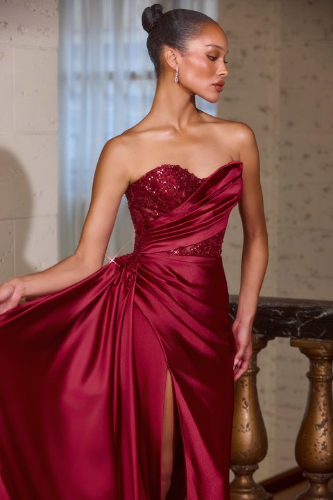 Ladivine J887 Beaded Satin Strapless Gown with Elegant Slit