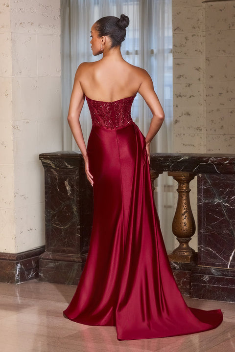 Ladivine J887 Beaded Satin Strapless Gown with Elegant Slit