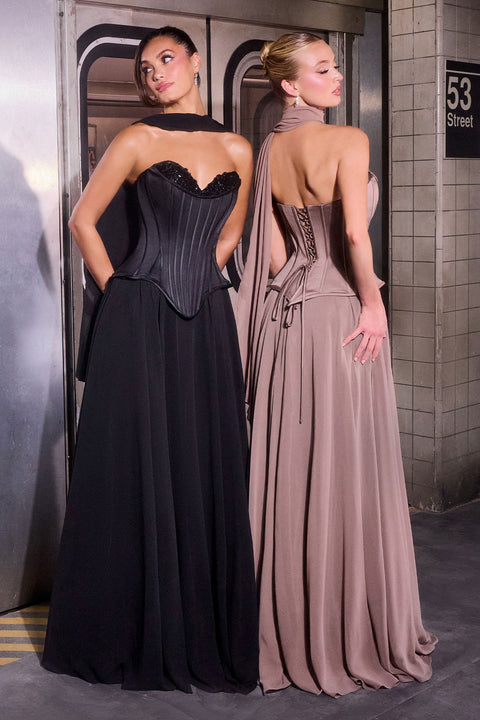 Ladivine J891 chiffon strapless a-line gown — product view