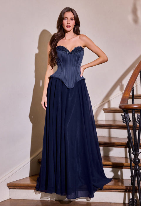 Ladivine J891 chiffon strapless a-line gown — front view