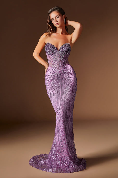 Ladivine J903 beaded fitted strapless gown — front view