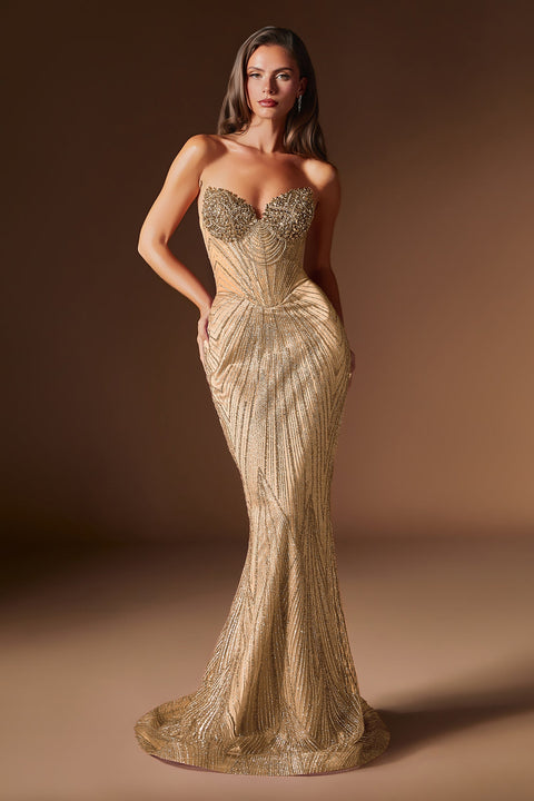 Ladivine J903 beaded fitted strapless gown — front view