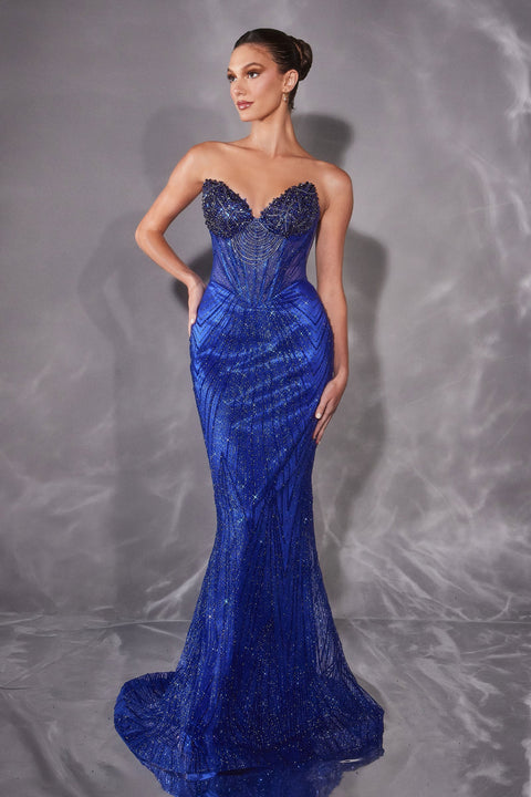 Ladivine J903 beaded fitted strapless gown — front view