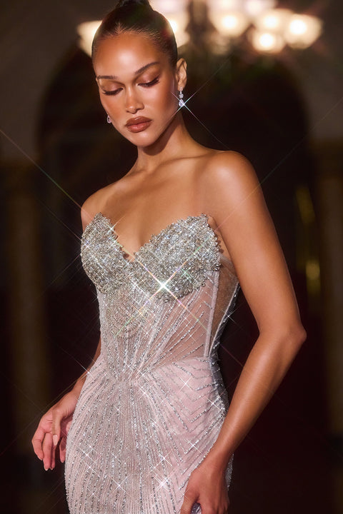 Ladivine J903 beaded fitted strapless gown — product view