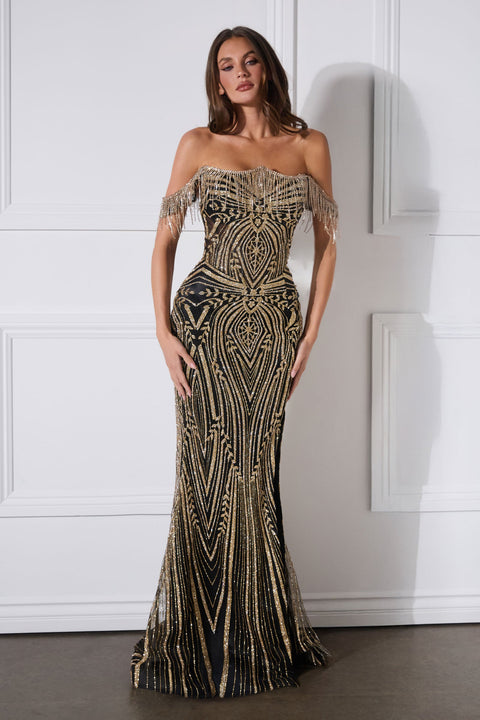Ladivine J908 beaded off shoulder fringe slit gown — product view