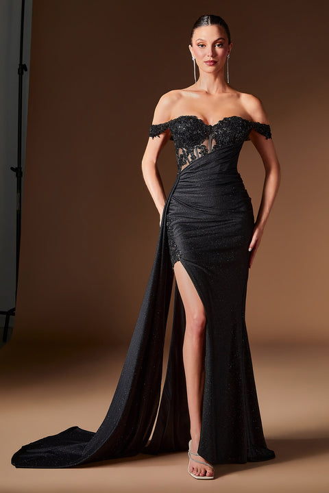 Ladivine J914 applique glitter off shoulder slit gown — front view