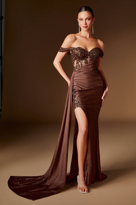 Ladivine J914 applique glitter off shoulder slit gown — front view
