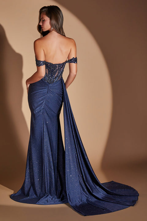 Ladivine J914 applique glitter off shoulder slit gown — back view