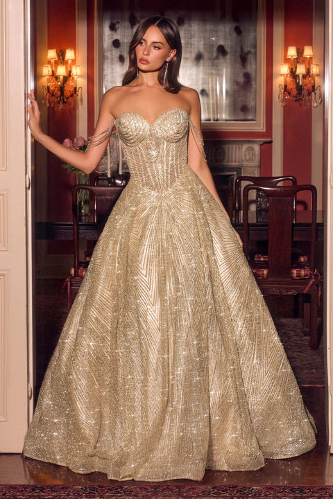Ladivine J915 glitter off shoulder a-line gown — front view