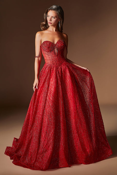 Ladivine J915 glitter off shoulder a-line gown — front view