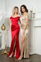 Off-Shoulder Satin Corset Gown with Thigh-High Slit by Juno M1001