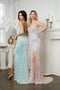 Shine bright in this sleeveless sequin slit gown with a shimmering fitted bodice by Juno M1014.