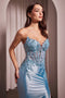 Ladivine KV1112 Appliqué Satin Strapless Gown with Slit