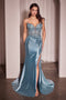 Ladivine KV1112 Appliqué Satin Strapless Gown with Slit