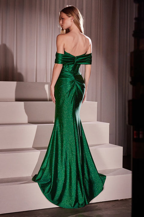 Ladivine KV1115 Glitter Satin Slit Gown (Off Shoulder)