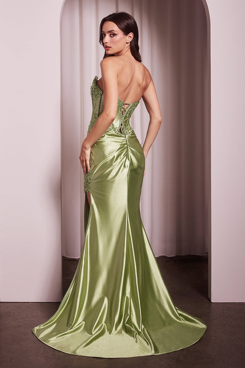 Ladivine KV1116 Appliqué Satin Strapless Gown with Slit