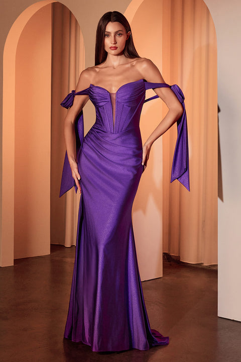 Ladivine KV1120 Satin Off-Shoulder Slit Gown with Corset Boning and Ribbon Sleeve Ties