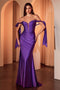 Ladivine KV1120 Satin Off-Shoulder Slit Gown with Corset Boning and Ribbon Sleeve Ties