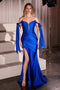 Ladivine KV1120 Satin Off-Shoulder Slit Gown with Corset Boning and Ribbon Sleeve Ties