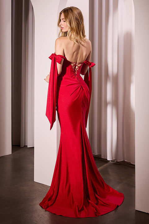 Ladivine KV1120 Satin Off-Shoulder Slit Gown with Corset Boning and Ribbon Sleeve Ties