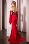 Ladivine KV1120 Satin Off-Shoulder Slit Gown with Corset Boning and Ribbon Sleeve Ties