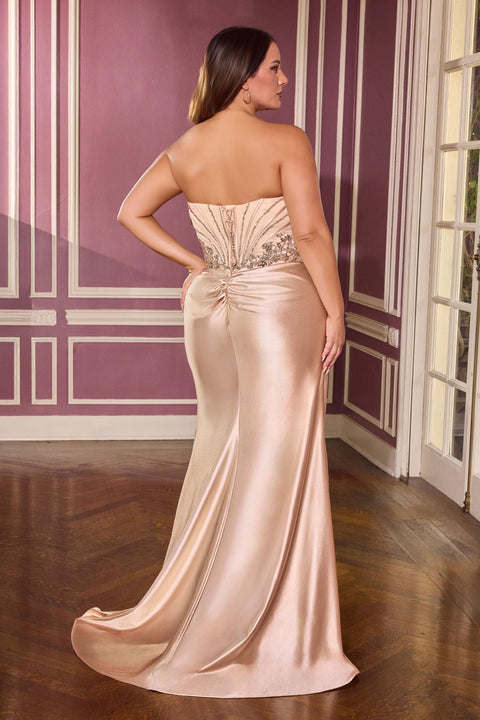 Ladivine KV1136C plus size satin strapless gown — back view
