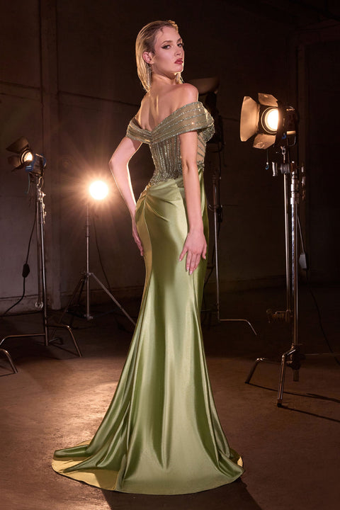 Ladivine KV1140 beaded satin off shoulder slit gown — back view