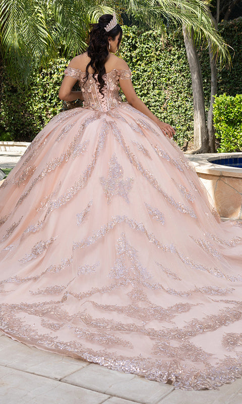 May Queen LK285 - Off Shoulder Sparkle Layered Ballgown