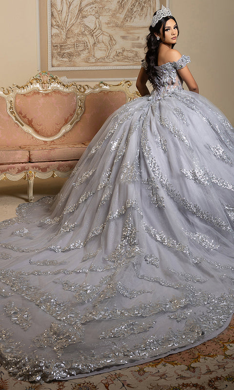 May Queen LK285 - Off Shoulder Sparkle Layered Ballgown