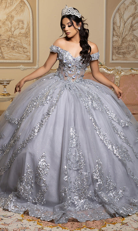May Queen LK285 - Off Shoulder Sparkle Layered Ballgown