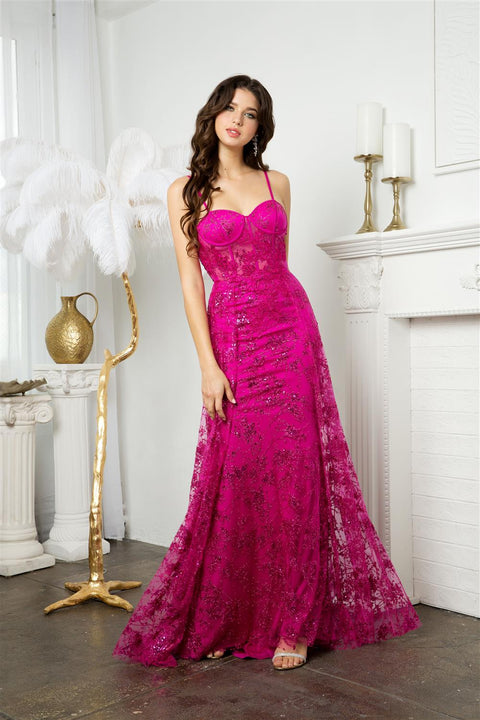 Juno M1021 Sparkling Sweetheart Corset Gown with Glitter Print and Overskirt