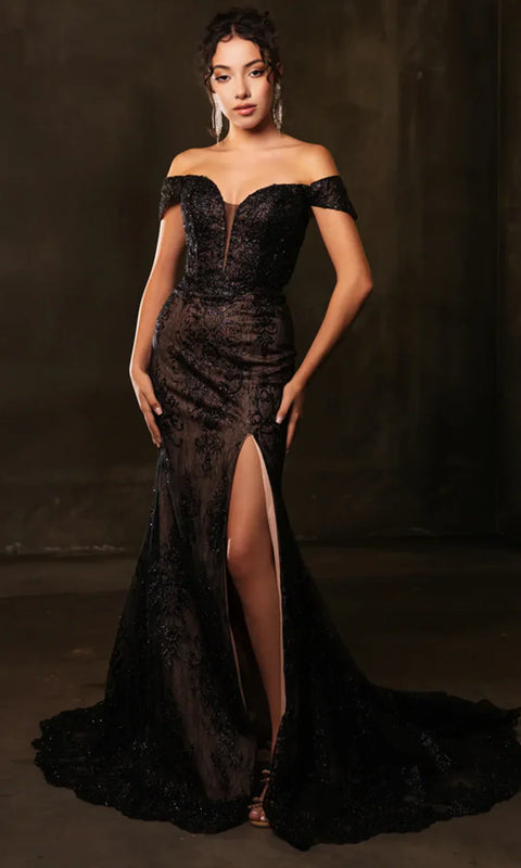 May Queen MQ2158 - Off Shoulder High Slit Evening Gown